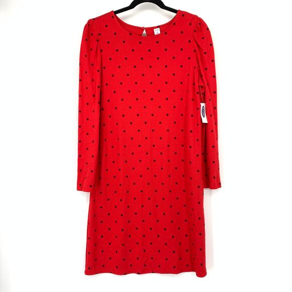 SOLD Old Navy Shift Dress Womens Size Medium Red Black Polka Dots Long Sleeve - Picture 2 of 8